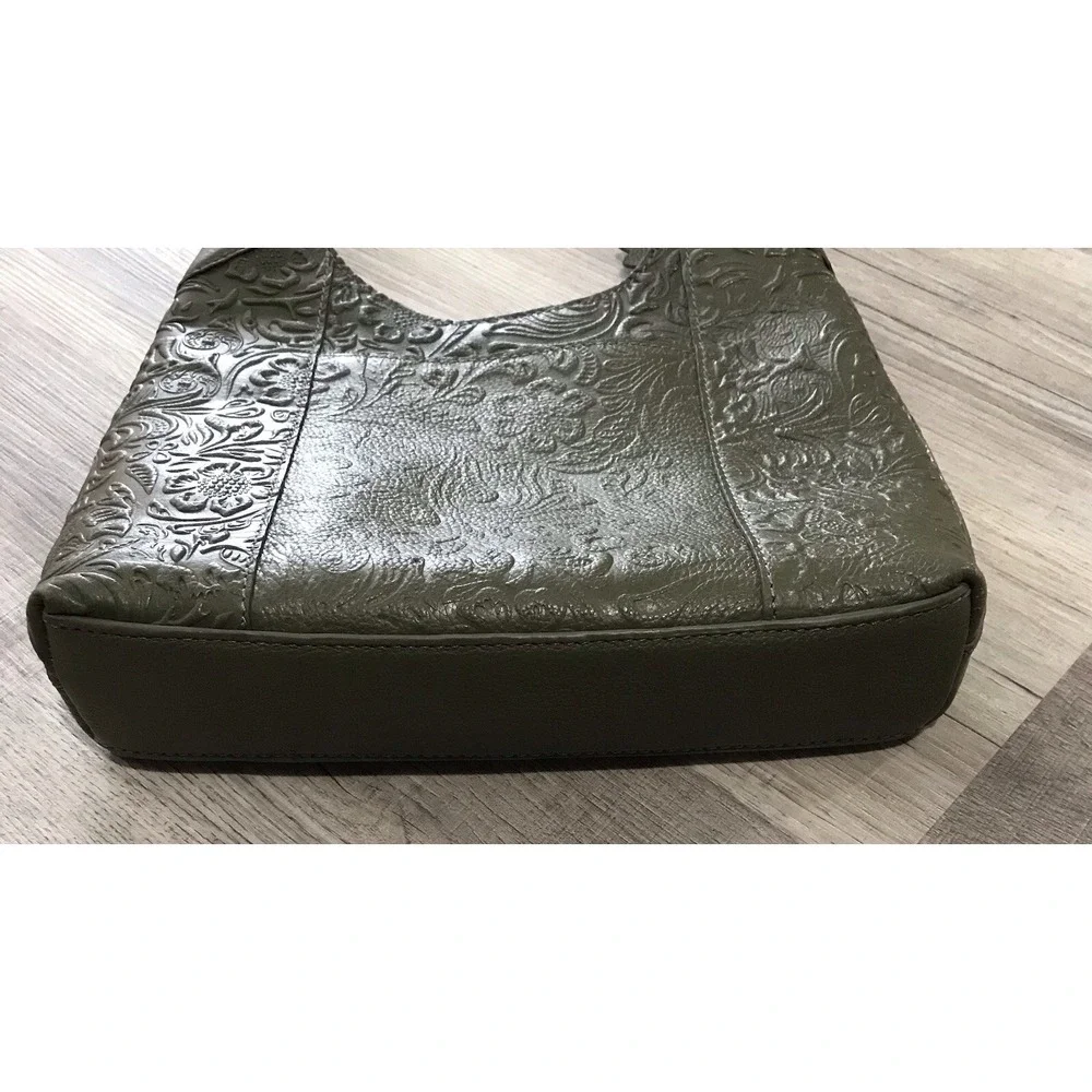Shoulder Bag Tooled 100% Olive Green Leather Purse Handbag Made in India